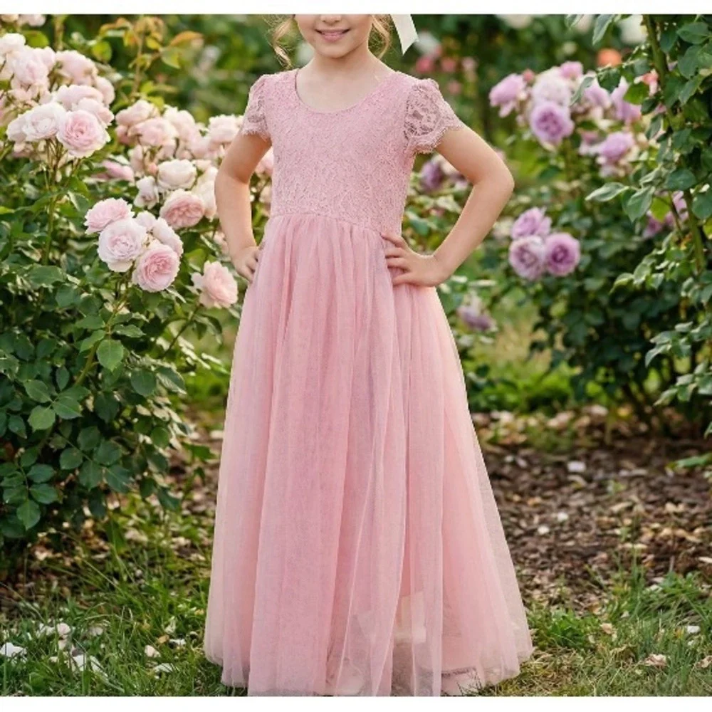 2Bunnies Girls 7/8 yr Paisley Lace Tulle Short Sleeve Maxi Flower Girl Dress NEW